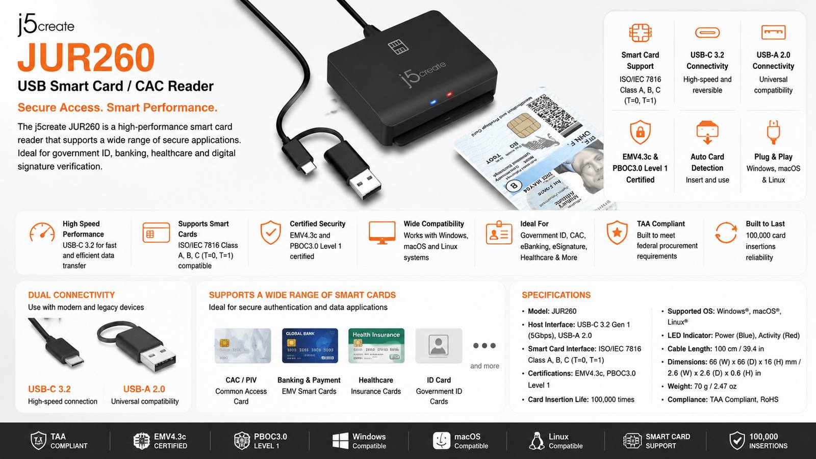 j5create JUR260, USB Smart Card / CAC Reader, ISO/IEC 7816 Class A/B/C, T=0/T=1 Protocol, USB-C 3.2 and USB-A 2.0, EMV4.3c and PBOC3.0 Level 1 Certified, TAA Compliant, Black, 2-Year Warranty | JUR260